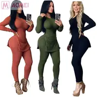 

N1030 stylish solid color hem slit rib fabric casual 2020 two piece set women clothing summer