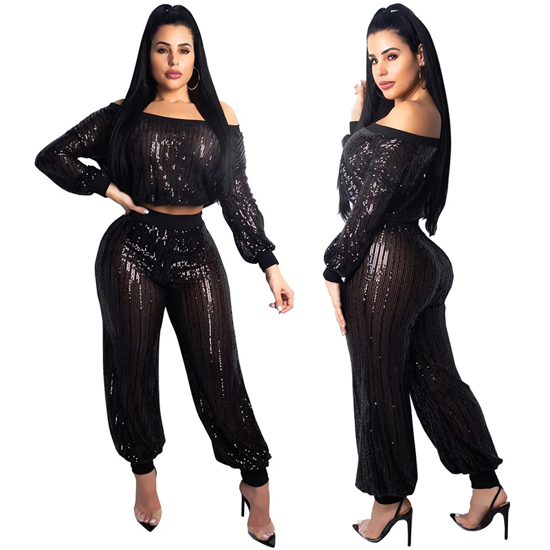 fashion sexy perspective transparent glitter one shoulder crop top 2 two piece pants outfit set, Black
fashion sexy perspective transparent glitter one shoulder crop top 2 two piece pants outfit set, Black