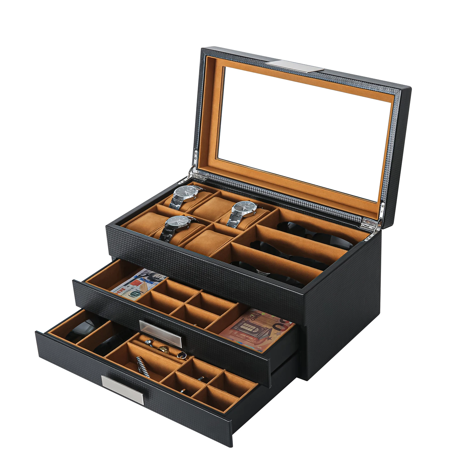 High-end luxury carbon fiber orange beaded velvet watch jewelry box 6+3 carbon fiber 3-layer jewelry box, Picture
High-end luxury carbon fiber orange beaded velvet watch jewelry box 6+3 carbon fiber 3-layer jewelry box, Picture