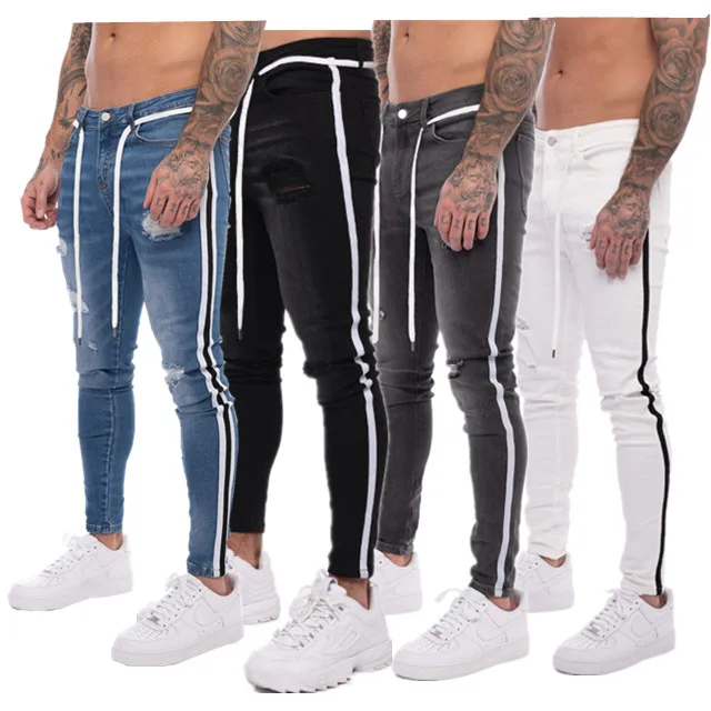 Wholesale custom side stripe ripped skinny trousers denim fabrics men jeans, Blue black white grey
Wholesale custom side stripe ripped skinny trousers denim fabrics men jeans, Blue black white grey