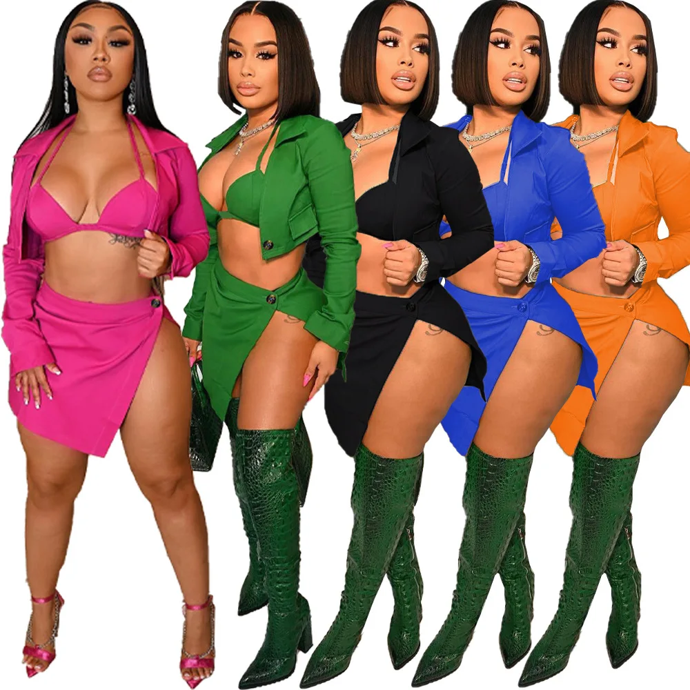 2022 New Fashion Solid Casual 3 Piece Skirt Set Bra Spring Summer Women Clothing Crop Jacket And Split Skirt Set
2022 New Fashion Solid Casual 3 Piece Skirt Set Bra Spring Summer Women Clothing Crop Jacket And Split Skirt Set