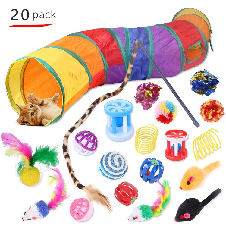 

Amazon Hot sale Retractable Cat Toy Wand Kitten Cat Pet Toys 20pcs Pet Kitten Dog Cat Interactive Play Supplies With Tunnel