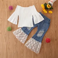Summer Off Shoulder White elastic Shirts With Lace Jeans Pants Children Kids Girl Clothes Set Kids Outfits
Summer Off Shoulder White elastic Shirts With Lace Jeans Pants Children Kids Girl Clothes Set Kids Outfits