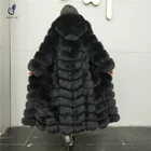 Lady fashion design super long style winter warm real natural fox fur coat with hood