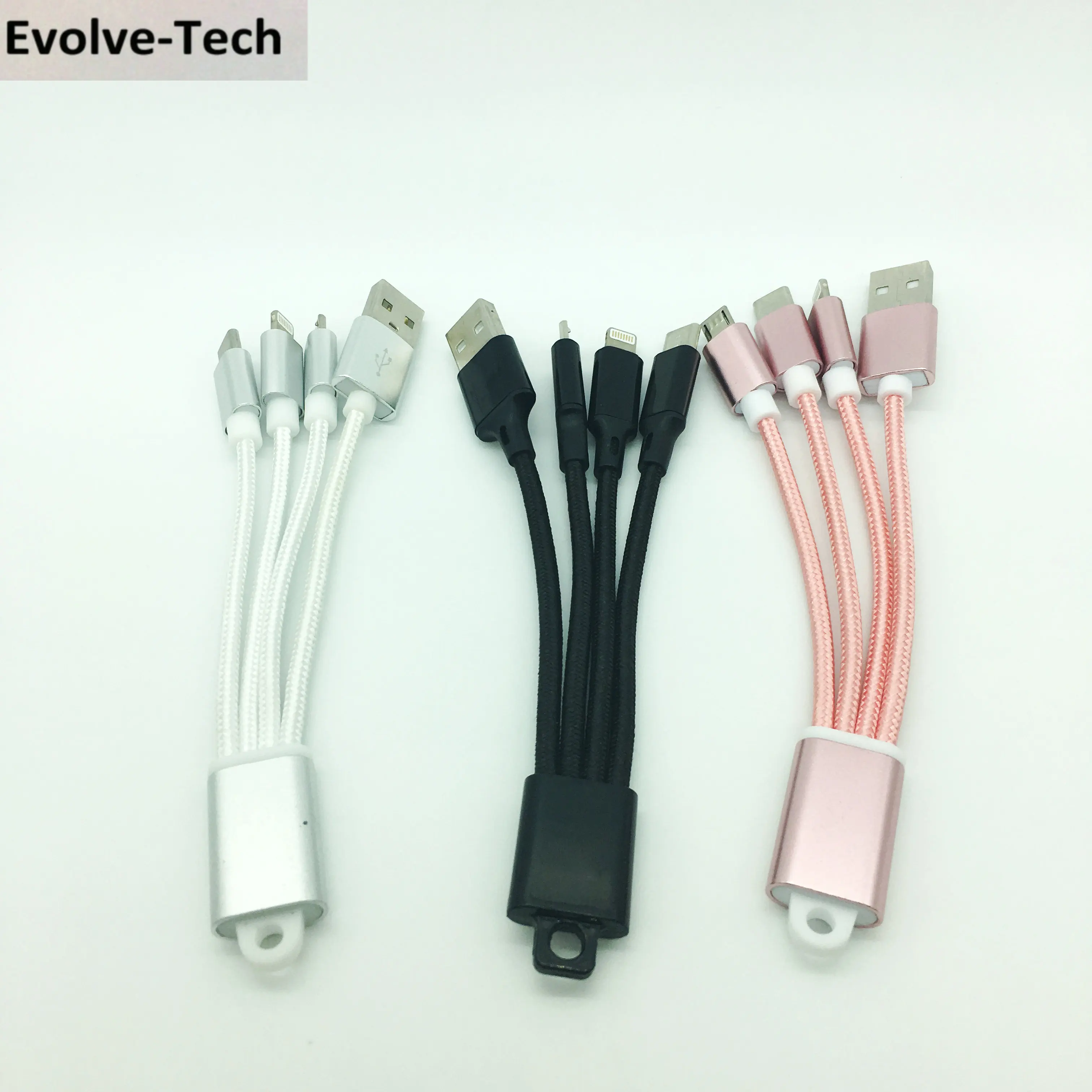 20 CM Portable Keychain USB charging cable 2.0A with 4 connectors 8pin micro type c USB2.0 - ANKUX.COM