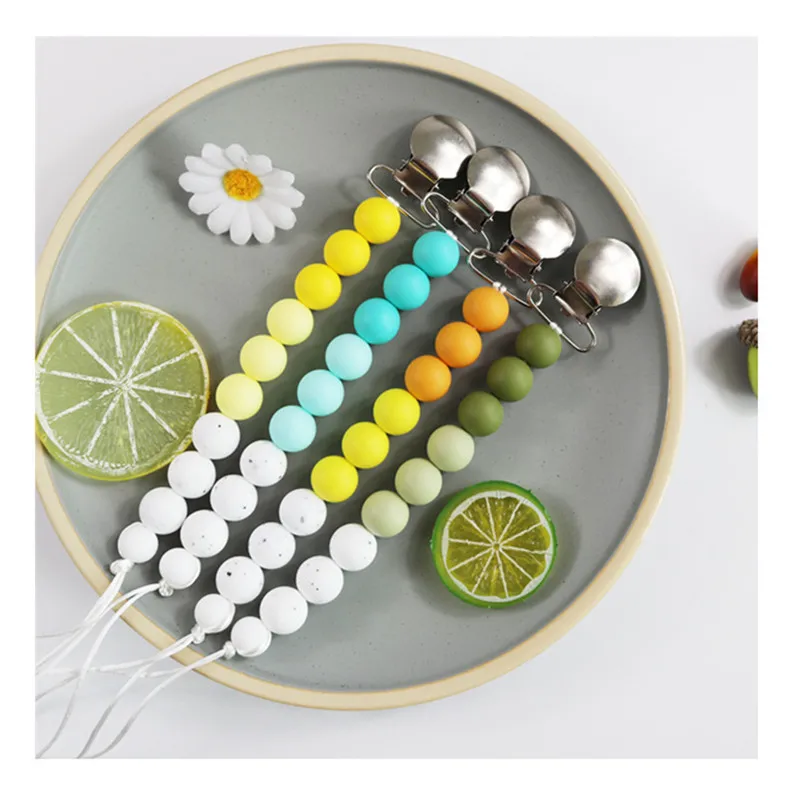 Food Grade Colorful Silicone Beads Newborn Baby Teething Pacifier Clip Metal Dummy Clips
Food Grade Colorful Silicone Beads Newborn Baby Teething Pacifier Clip Metal Dummy Clips