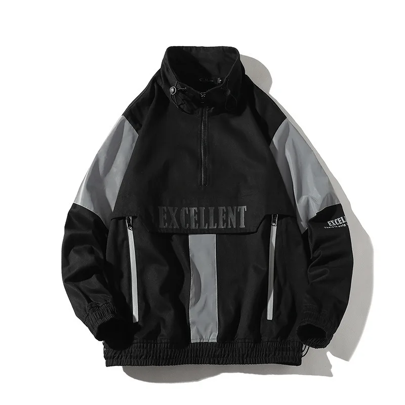 Pullover Half Zip Reflective Windbreaker Jacket Men, Black/white