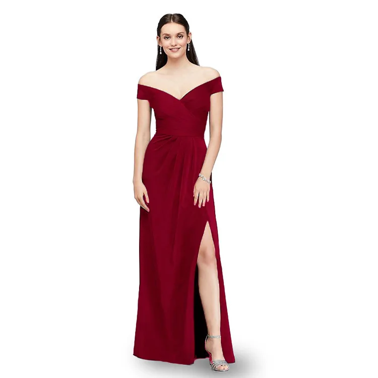 

2020 New One-Shoulder Satin Slit Slim Sexy Evening Toast Long Skirt Bridesmaid Lace Dress, Picture color