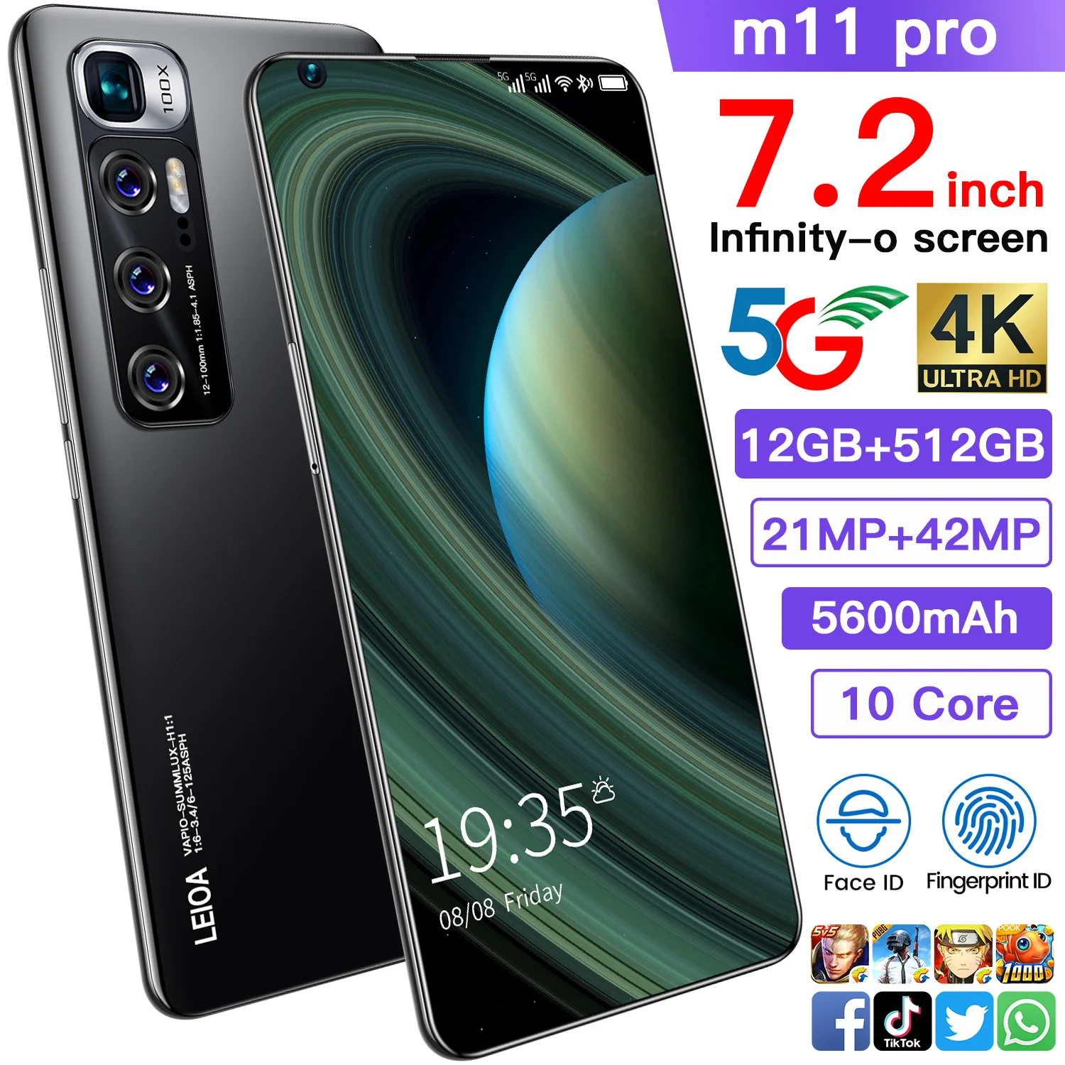 M11 Pro Mtk6799 Smartphone 10 Core 7.2 Inch Infinity-0 Screen Cell Phone 12+512GB Android 10 Hd Camera Fingerprint Mobile Phones
M11 Pro Mtk6799 Smartphone 10 Core 7.2 Inch Infinity-0 Screen Cell Phone 12+512GB Android 10 Hd Camera Fingerprint Mobile Phones