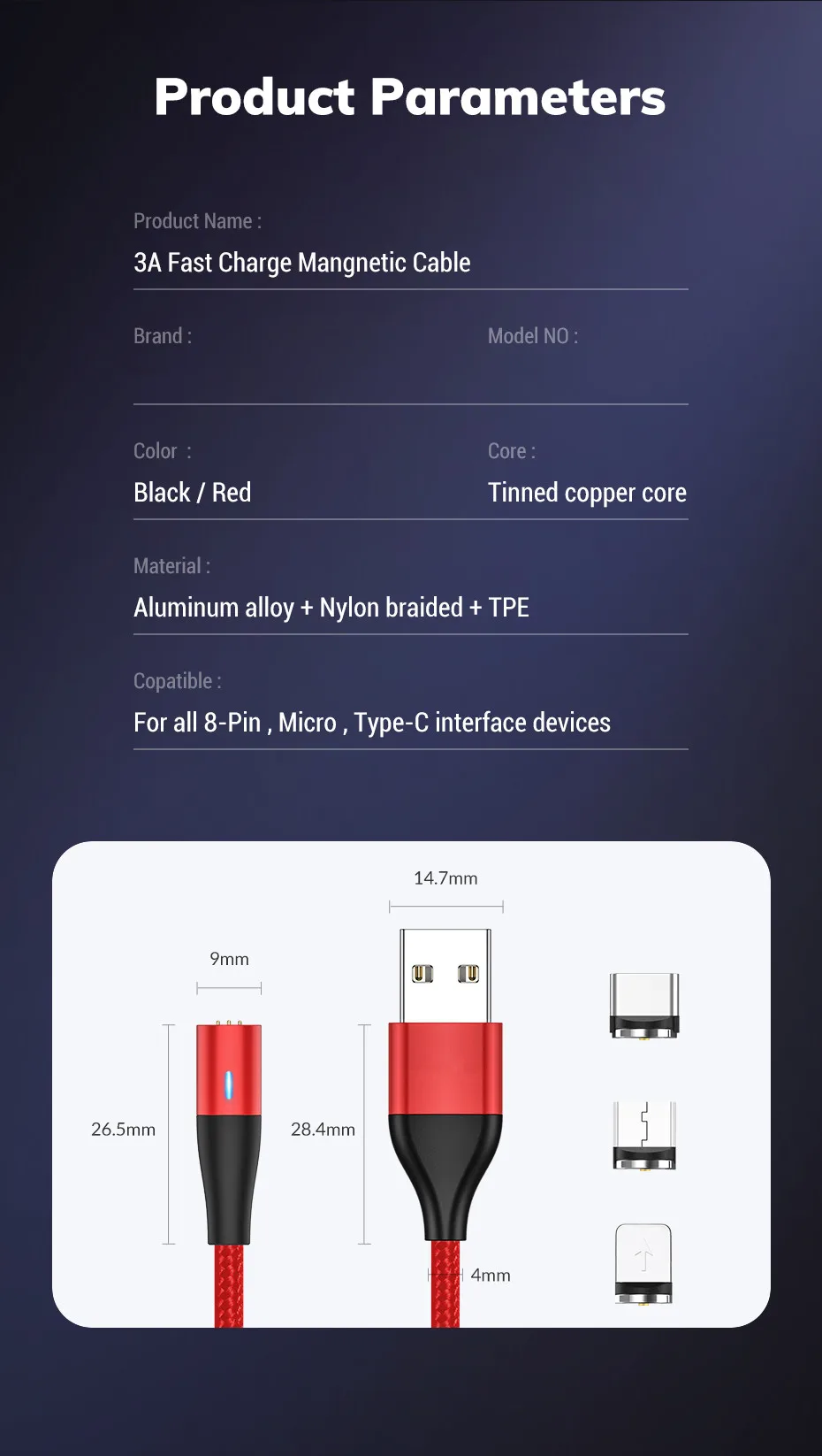 QC3.0 LED Magnetic Fast Charging Cable Data Sync 3A Magnet USB Charger for iPhone Micro USB Type C - ANKUX.COM