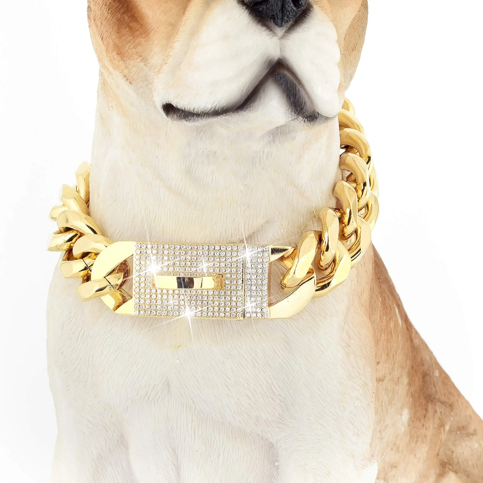 Custom Gold Chain Dog Collar with Zirconia Locking 16mm Heavy Duty Metal Puppy Collar Luxury Dog Bling Necklace
Custom Gold Chain Dog Collar with Zirconia Locking 16mm Heavy Duty Metal Puppy Collar Luxury Dog Bling Necklace