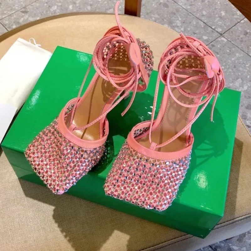 Lace up Talons Haut Sexy Escarpins Rhinestone Mesh Net Square Toe Strappy Luxurious Heels for Women, Pink, apricot, black, white
Lace up Talons Haut Sexy Escarpins Rhinestone Mesh Net Square Toe Strappy Luxurious Heels for Women, Pink, apricot, black, white