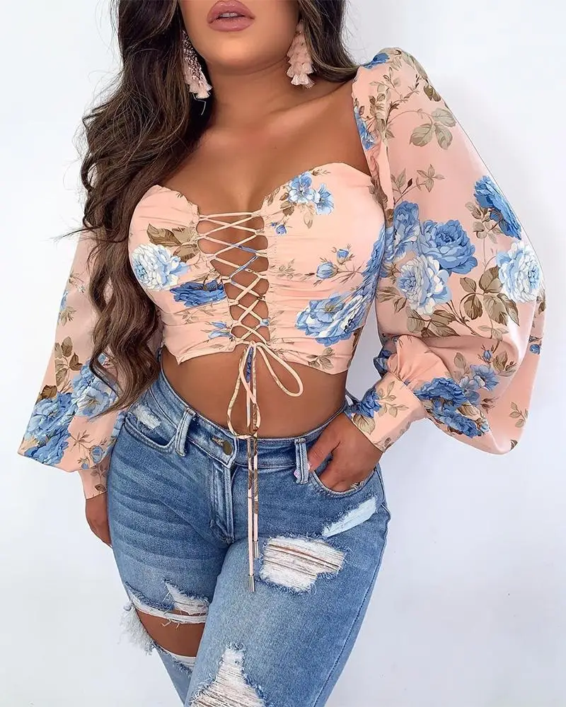 slanna women sexy bodycon pull sleeve top floral printed lace up pink women blouse chiffon crop top, Colors
slanna women sexy bodycon pull sleeve top floral printed lace up pink women blouse chiffon crop top, Colors