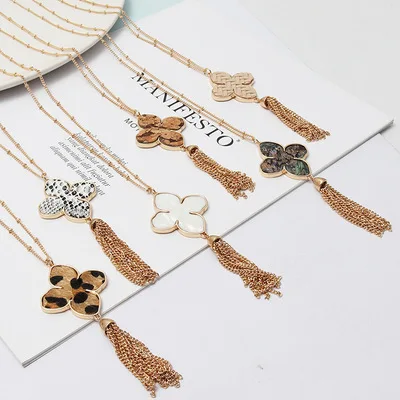 Fashion abalone shell leopard pattern inlaid four-leaf flower long tassel trendy necklace, Multi
Fashion abalone shell leopard pattern inlaid four-leaf flower long tassel trendy necklace, Multi
