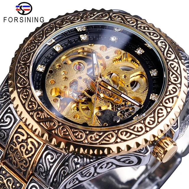 

Forsining New Arrive 2021 Men Mechanical Wristwatch Skeleton Automatic Gold Watch Mens Diamond Stainless Steel Waterproof Watch, 5-colors