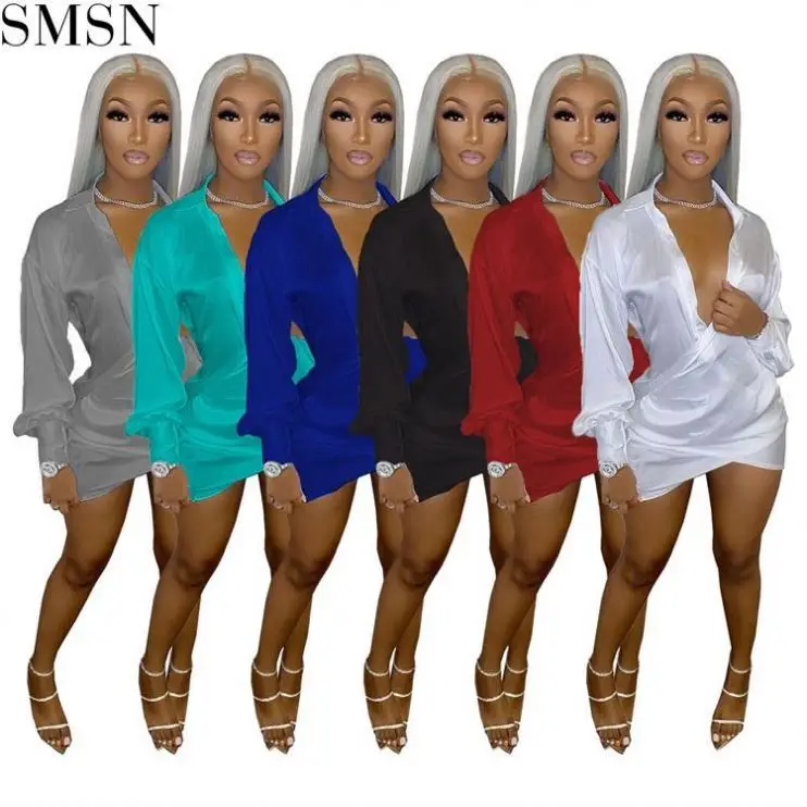 Hot Selling Solid Color Long-Sleeved Deep V-Neck Shirt Dresses Women Casual Mini Party Dress
Hot Selling Solid Color Long-Sleeved Deep V-Neck Shirt Dresses Women Casual Mini Party Dress