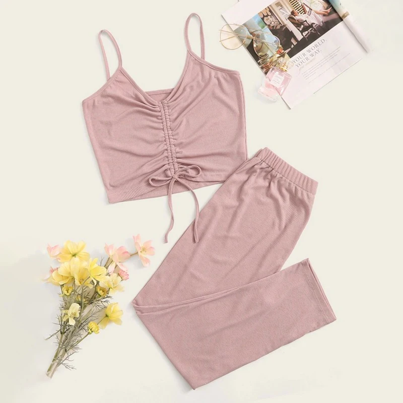 High quality women soft loose vest two piece sets pajamas elastic waist crop top home wear
High quality women soft loose vest two piece sets pajamas elastic waist crop top home wear