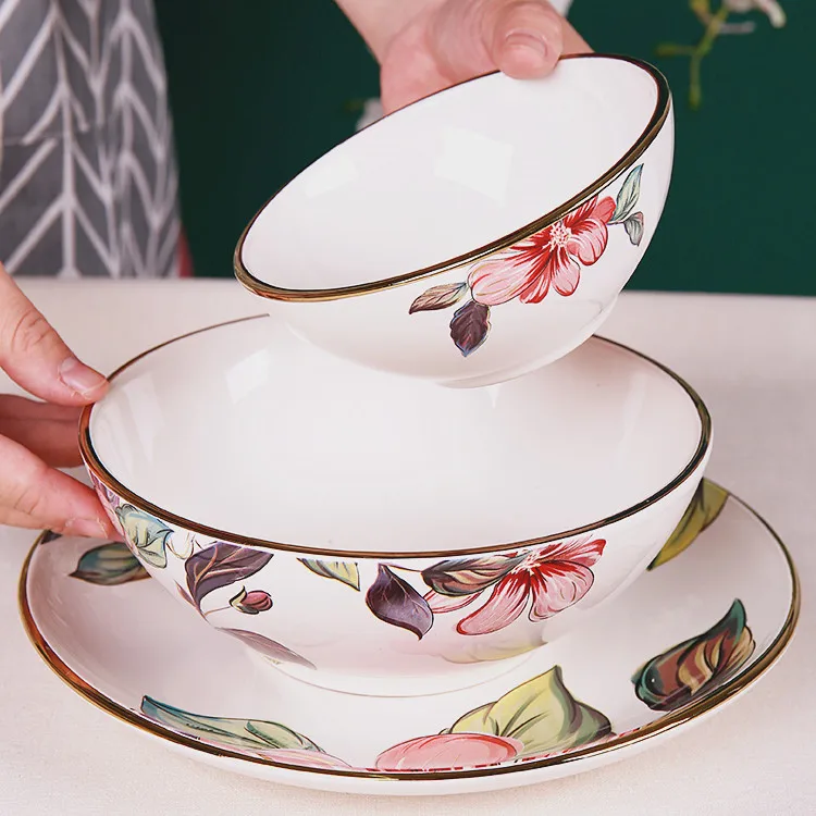 Luxury european style floral decals sald serving ceramic bowl for home hotel, Customized
Luxury european style floral decals sald serving ceramic bowl for home hotel, Customized