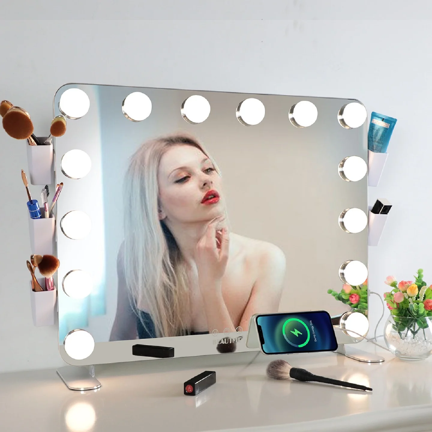 Salon Silver Frameless Phone Holder Tray Hollywood Makeup Mirror With 14 LED Lights Bulb USB Charge Small Storage Box
Salon Silver Frameless Phone Holder Tray Hollywood Makeup Mirror With 14 LED Lights Bulb USB Charge Small Storage Box