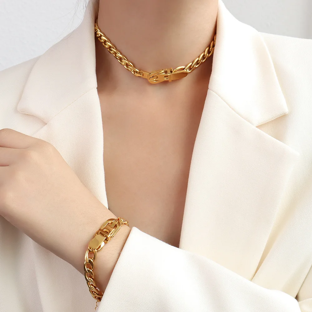 High End Simple Stainless Steel 18k Gold Hip Hop Wind Watchband Buckle Necklace Bracelet Jewelry Set Women Wholesale Spot
High End Simple Stainless Steel 18k Gold Hip Hop Wind Watchband Buckle Necklace Bracelet Jewelry Set Women Wholesale Spot