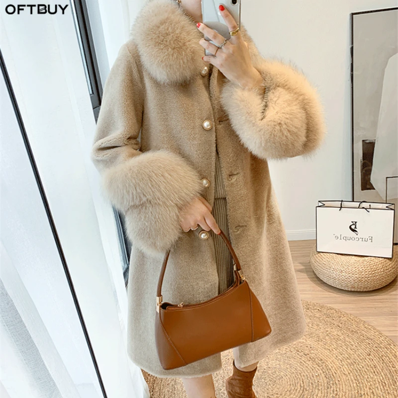 

OFTBUY 2021 Women Winter Jacket Real Granule Sheep Shearing Coat Natural Fox Fur Collar Streetwear Thick Warm Outerwear Casual