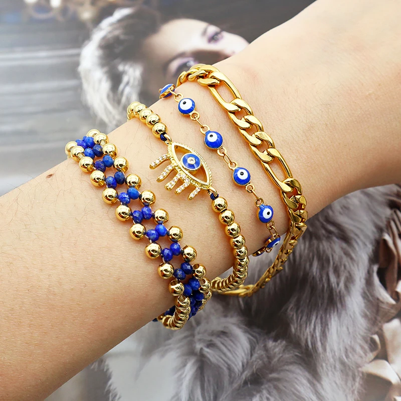 2021 women blue evil eyes bracelet set stainless steel 18K gold plated Turkish evil eyes jewelry, Multi
2021 women blue evil eyes bracelet set stainless steel 18K gold plated Turkish evil eyes jewelry, Multi