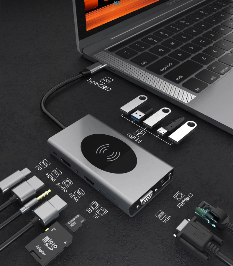 2020 14 in 1 wireless charger type c hub with 5usb 3.0 2 HDTV LAN VGA Multifunction dock for HP elite book, Gray
2020 14 in 1 wireless charger type c hub with 5usb 3.0 2 HDTV LAN VGA Multifunction dock for HP elite book, Gray