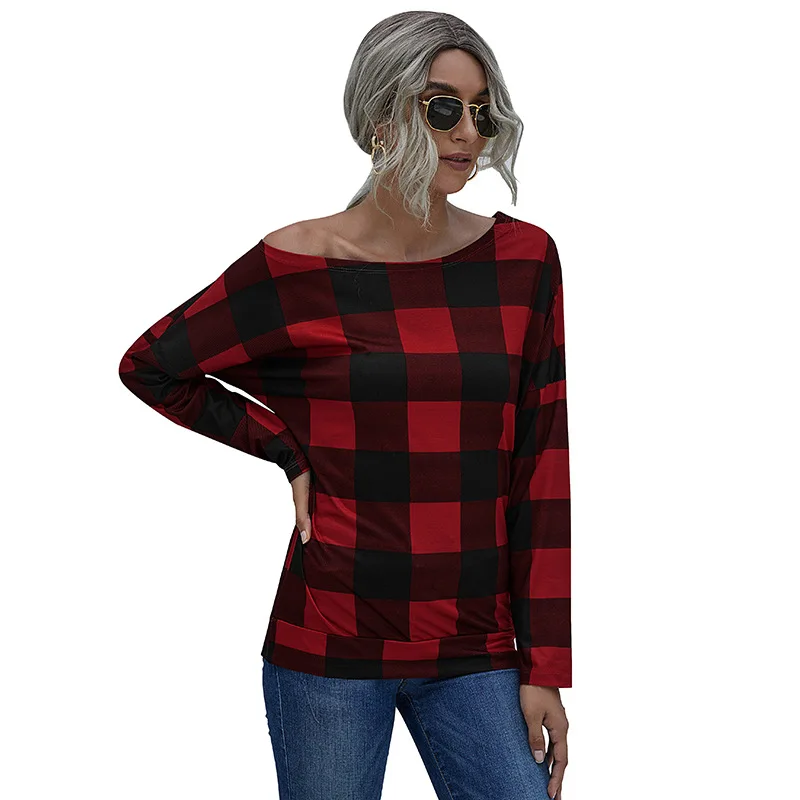 Ladies diagonal collar plaid fashion all-match long-sleeved T-shirt loose bottoming shirt
Ladies diagonal collar plaid fashion all-match long-sleeved T-shirt loose bottoming shirt