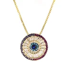 Fashion Big Blue CZ Diamond Paved Gold Plated Round Charm Necklace For Ladies