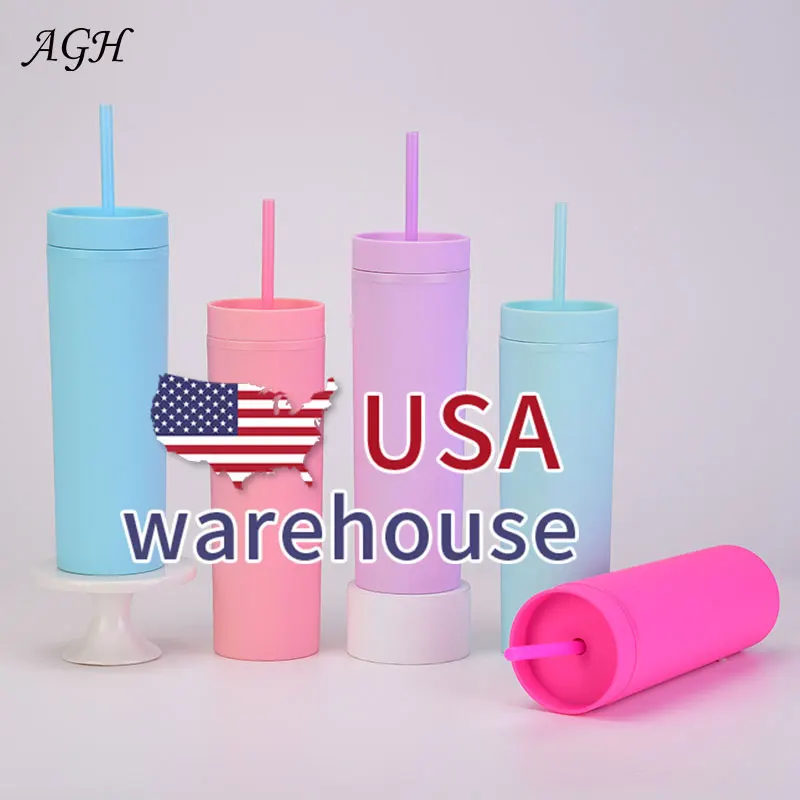 

16oz Reusable Double Wall Plastic Slim Skinny Acrylic Tumbler Pastel Colored Matte Cup with Straw, 6 colors in stock now