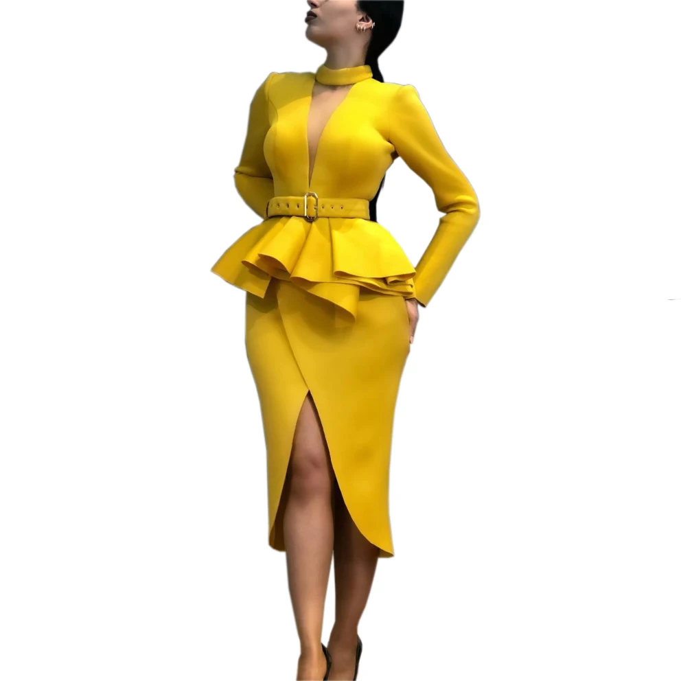 Africa Office Lady Women Clothing Set Long Sleeve Space Layer Mesh V Neck Slit Dress, Yellow/pink
Africa Office Lady Women Clothing Set Long Sleeve Space Layer Mesh V Neck Slit Dress, Yellow/pink