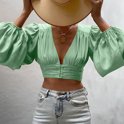 Fashion Sexy Blouses Women 2021 Summer New Solid Color Long-sleeved Deep V Short Top Temperament Women Shirts Coldker, Picture
Fashion Sexy Blouses Women 2021 Summer New Solid Color Long-sleeved Deep V Short Top Temperament Women Shirts Coldker, Picture