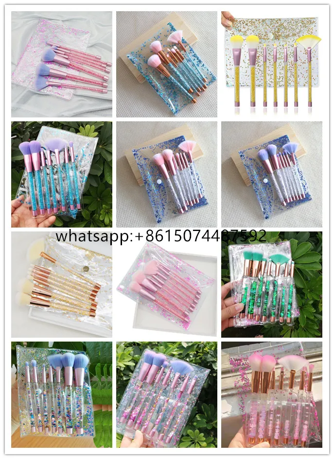 wholesale custom logo 7 pcs bling transparent rainbow DIY diamond crystal rhinestone makeup brush set with glitter pvc bag 