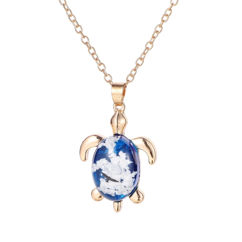 

Fashion Bohemia Blue Sky White Clouds Eagle Pattern Pendant Necklace Cute Turtle Shape Clear Resin Women Men Necklace Jewelry, Gold,sliver