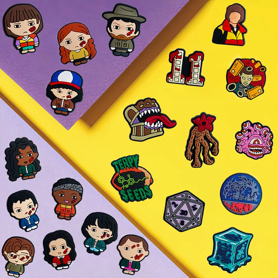 wholesale PVC croc charms decorations popular Stranger Things shoe lace charms accessories design charms your own logo
wholesale PVC croc charms decorations popular Stranger Things shoe lace charms accessories design charms your own logo