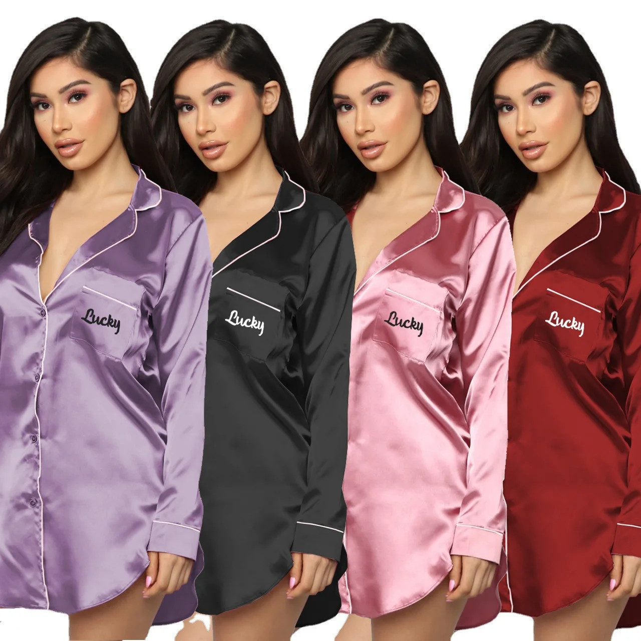 Lady satin long sleeve shirt dress nightgown sexy fashion personality loose letter embroidery comfortable sleep wear, Picture
Lady satin long sleeve shirt dress nightgown sexy fashion personality loose letter embroidery comfortable sleep wear, Picture