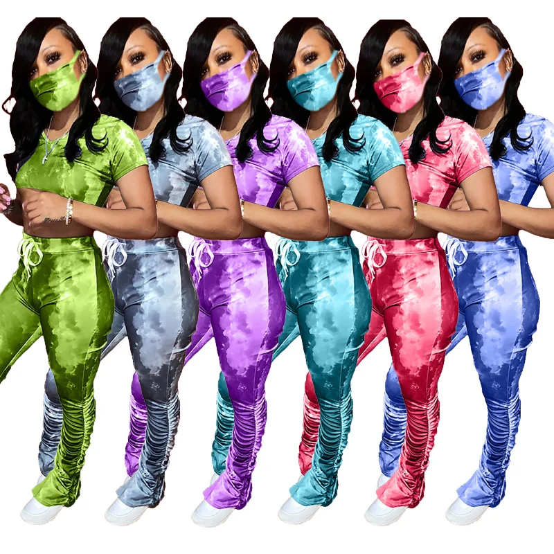 Fashion Tie Dye Sports Suit Pleated Flare Stacked Pants Women 2 Two Piece Outfit Sets with facemask
Fashion Tie Dye Sports Suit Pleated Flare Stacked Pants Women 2 Two Piece Outfit Sets with facemask
