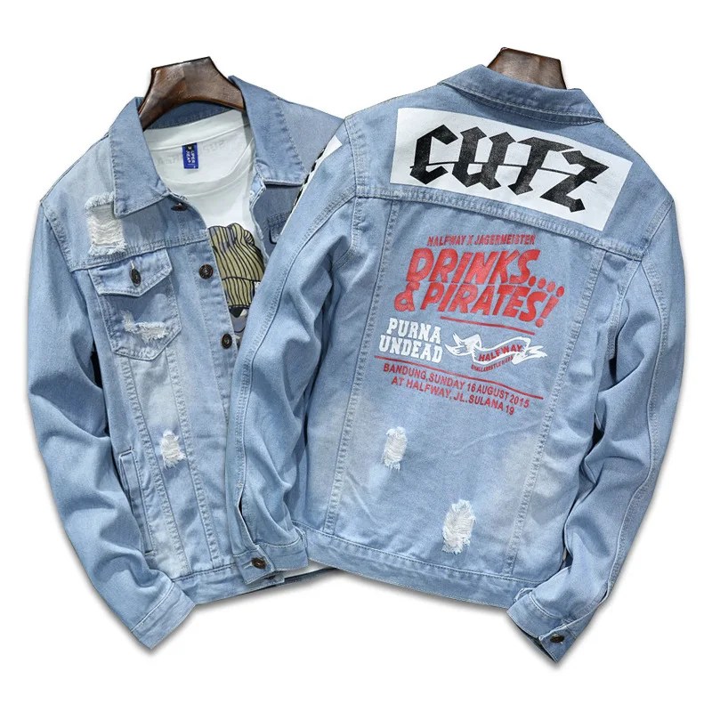 Streetwear Hip Hop Men's Spring Clothing Blue Distressed Jean Jacket Fashion Letter Print Plus Size Denim Jacket, Customized color
Streetwear Hip Hop Men's Spring Clothing Blue Distressed Jean Jacket Fashion Letter Print Plus Size Denim Jacket, Customized color