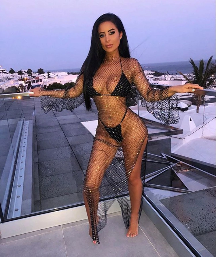 2021 Sexy Wearing Covered Diamonds Flare Sleeve See Through Transparent Dresses Women High Split Maxi Dress
2021 Sexy Wearing Covered Diamonds Flare Sleeve See Through Transparent Dresses Women High Split Maxi Dress