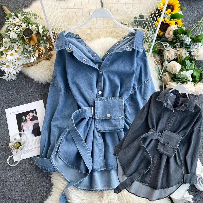 Wholesale high quality women's solid color denim shirt with belt slim waist and fashionable two-wear denim jacket dresses, Blue,black
Wholesale high quality women's solid color denim shirt with belt slim waist and fashionable two-wear denim jacket dresses, Blue,black