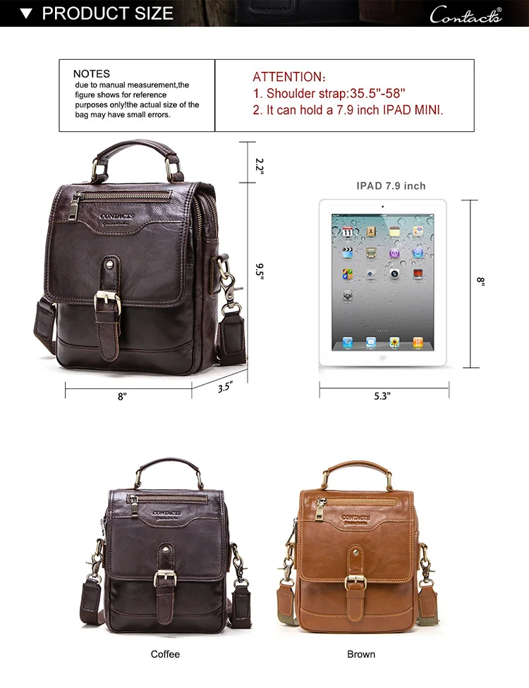 Contact's Genuine Leather Vintage Messenger Bag for 7.9 inch tablet