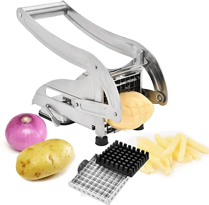 

2 Interchangeable Blades French Fried Potato Cutter Stainless Steel Potato Slicer Vegetable Chopper Dicer French Fry Cutter, Silver