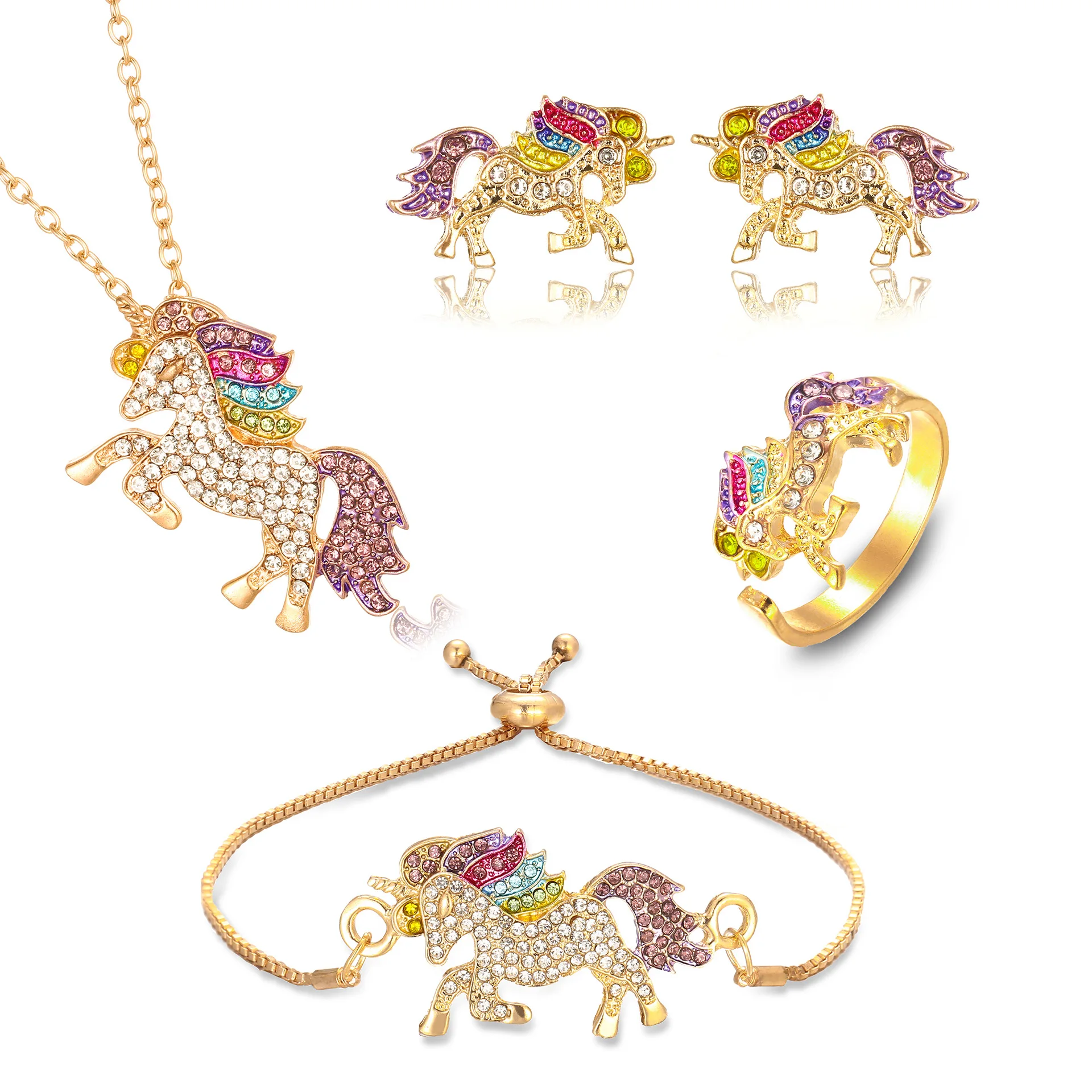 Fashion cartoon necklace set festival Christmas birthday Necklace sets girl glitter Rainbow rhinestone Unicorn necklace set, Gold silver
Fashion cartoon necklace set festival Christmas birthday Necklace sets girl glitter Rainbow rhinestone Unicorn necklace set, Gold silver