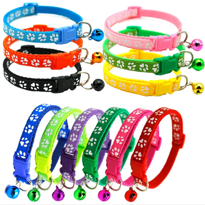

Factory direct Multi Colors Paw Print Adjustable Nylon Pet Cat Dog Collar with Bell, Red,green,orange,yellow,pink,blue,purple,black