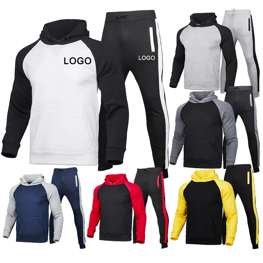 

custom plain unbranded print your logo color block mens hoodie jogging set jogger suits with hoody, 6 colors