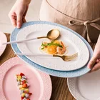 Oval shape colorful emboss ceramic dinner plate for home hotel restaurant
