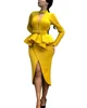 High Quality Long Sleeve Bodycon Dress Women Sexy Deep v-neck Navy Yellow Asymmetrical Clothes Formal Party Wear Bandage Dress