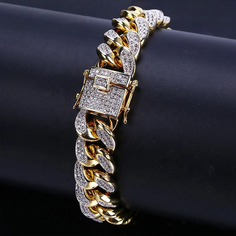 

14mm 7in bracelets bangles Hip-Hop Tricolor Plated Micro Paved Cubic Zircon Cuban Link Chain Jewelry Bracelet for Men friendship, Gold/silver