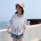 Chinese Long Sleeve Embroidery Casual Short Cotton Shirt Woman Blouse