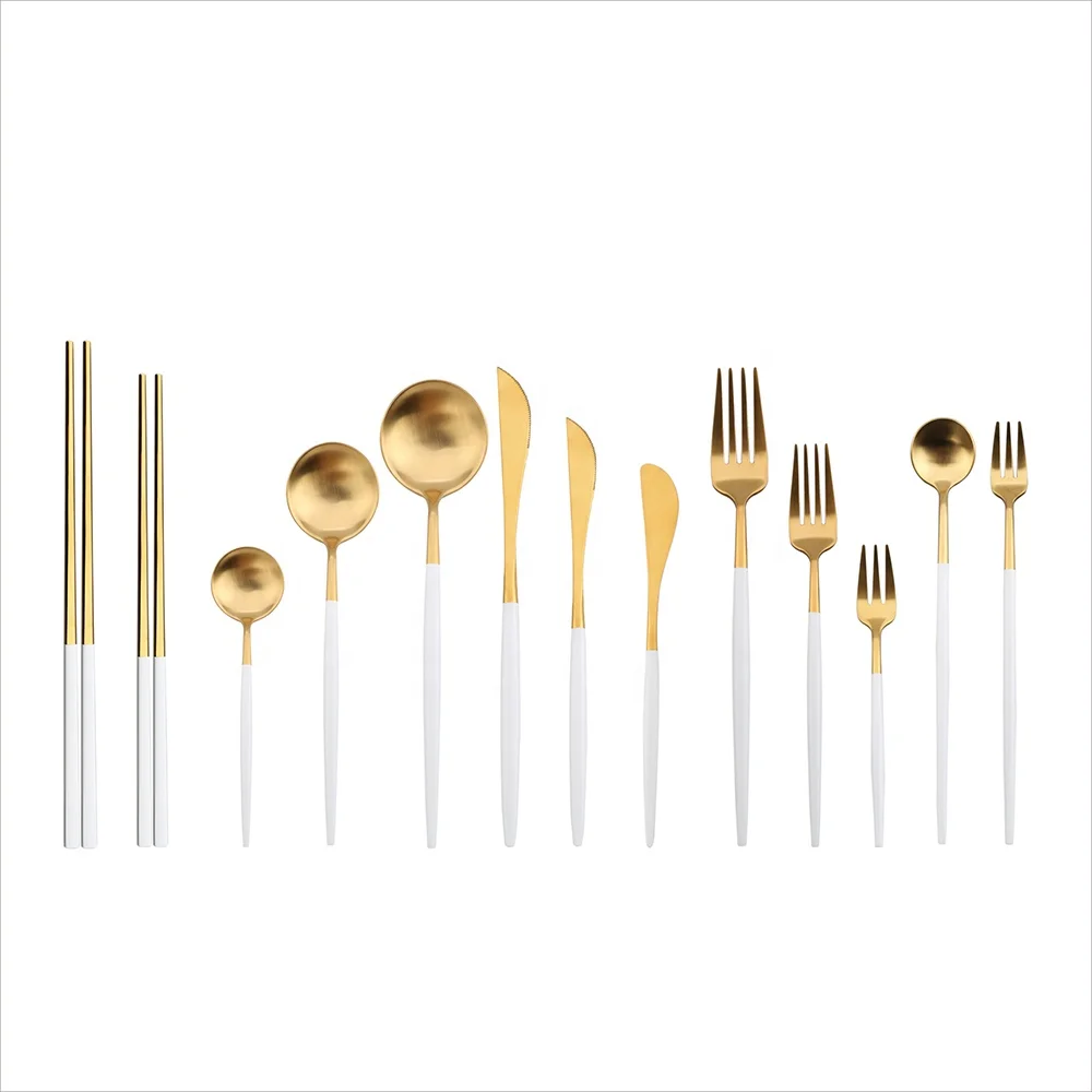 Titanium plated gold knife and fork spoon Wedding flatware Party cutlery, White + gold
Titanium plated gold knife and fork spoon Wedding flatware Party cutlery, White + gold